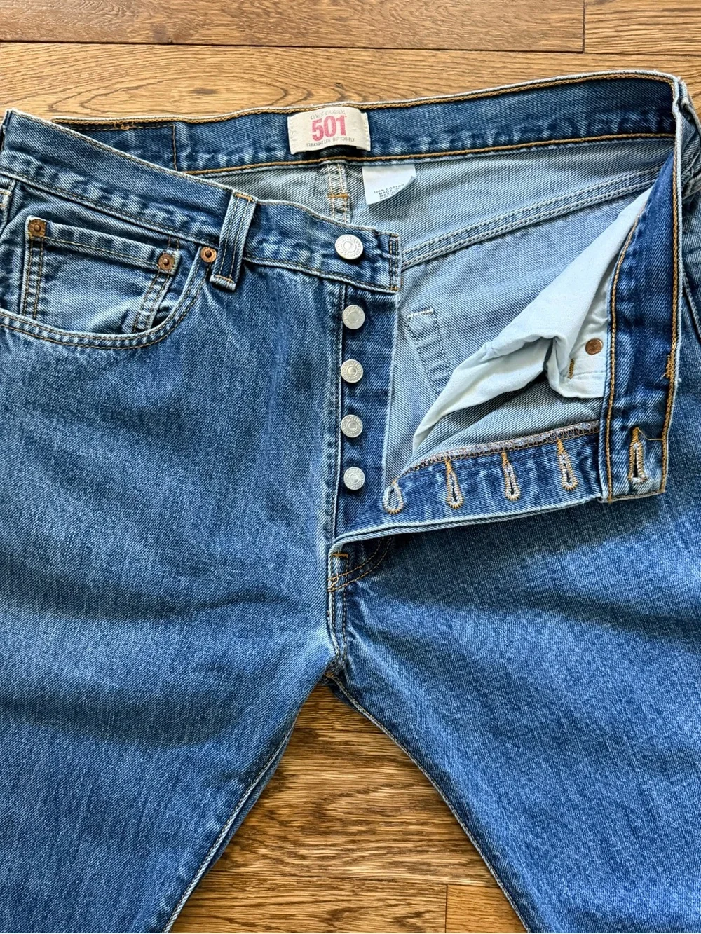 Y2K Levi's Button Fly Straight-Leg Authenticly Distressed Soft Blue Denim Jean